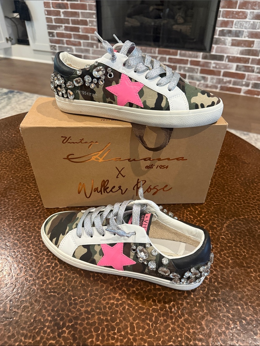 Vintage Havana Camouflage Sneakers with Pink Star & Crystal Accents